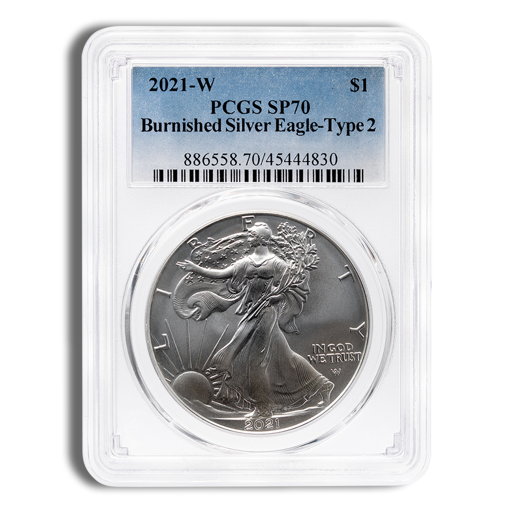 2021-W Burnished Silver Eagle PCGS SP70 (Type 2) 2021-W Burnished Silver Eagle PCGS SP70 (Type 2) - Image 1
